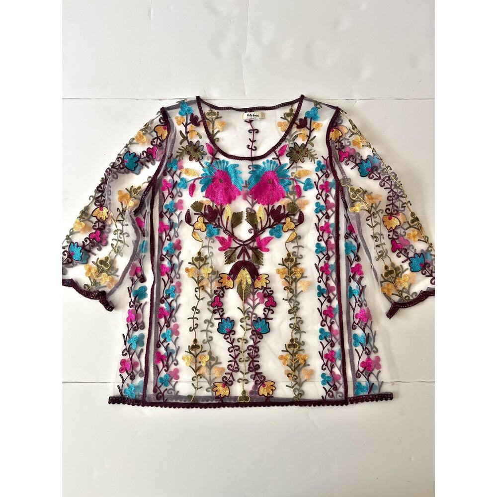 Selfie Couture Blouse Womens M/L Multicolor Embroidered Mesh Sheer Tunic Boho
